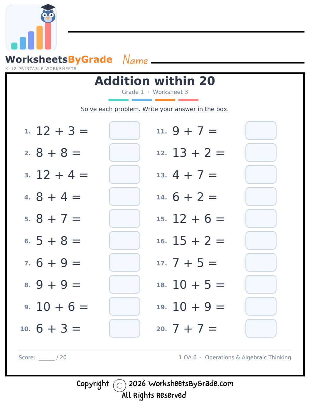 Addition within 20 — Grade 1 Worksheet 3 preview