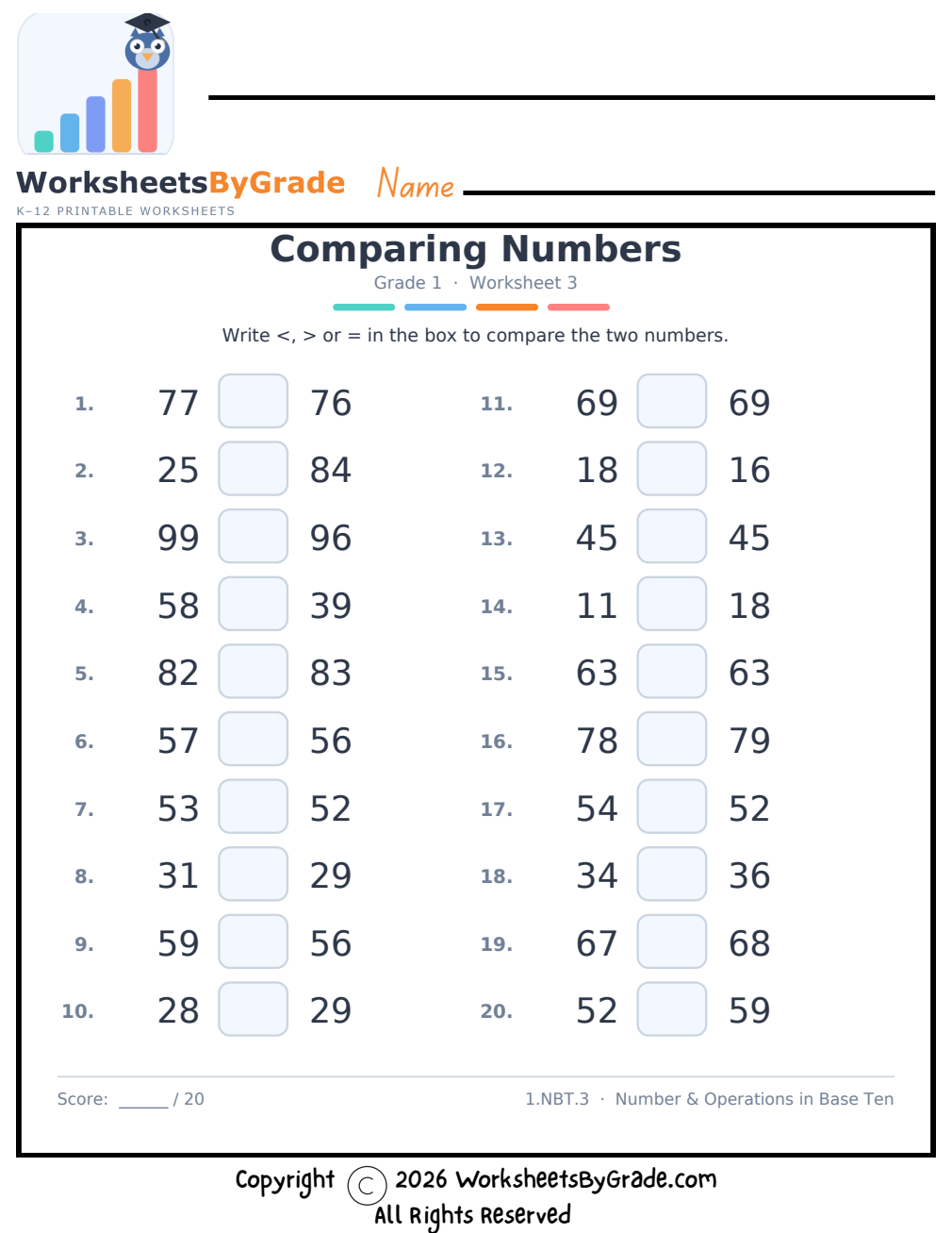 Comparing Numbers — Grade 1 Worksheet 3 preview