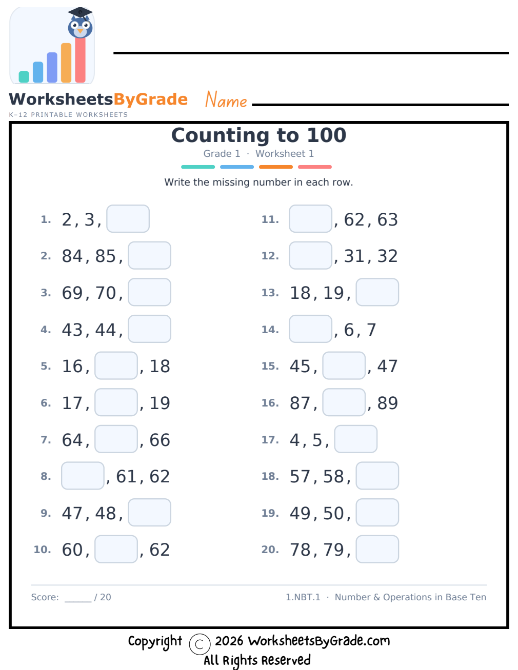 Counting to 100 — Grade 1 Worksheet 1 preview