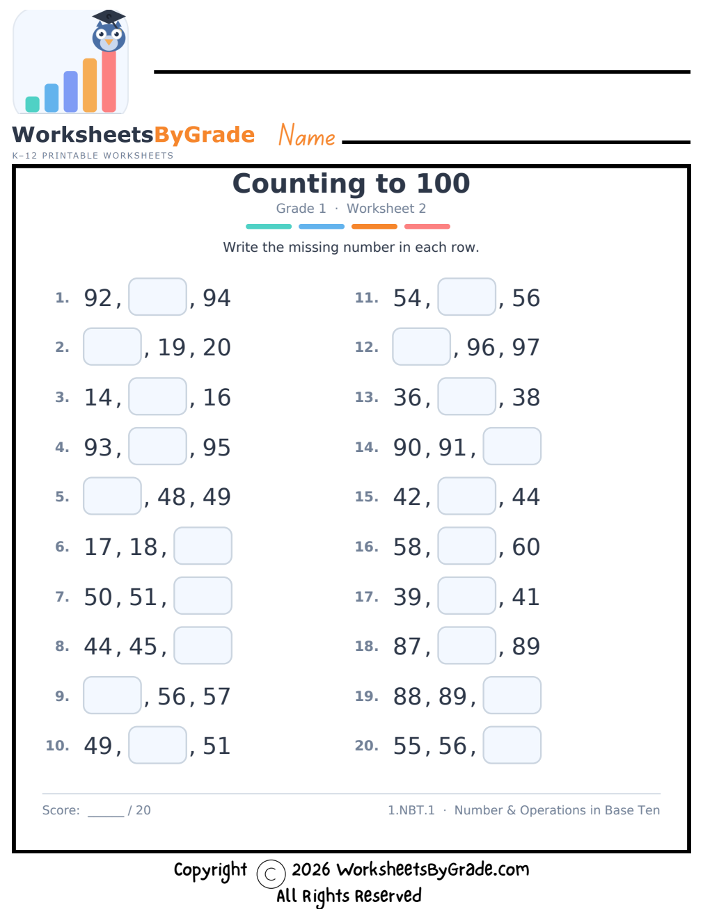 Counting to 100 — Grade 1 Worksheet 2 preview