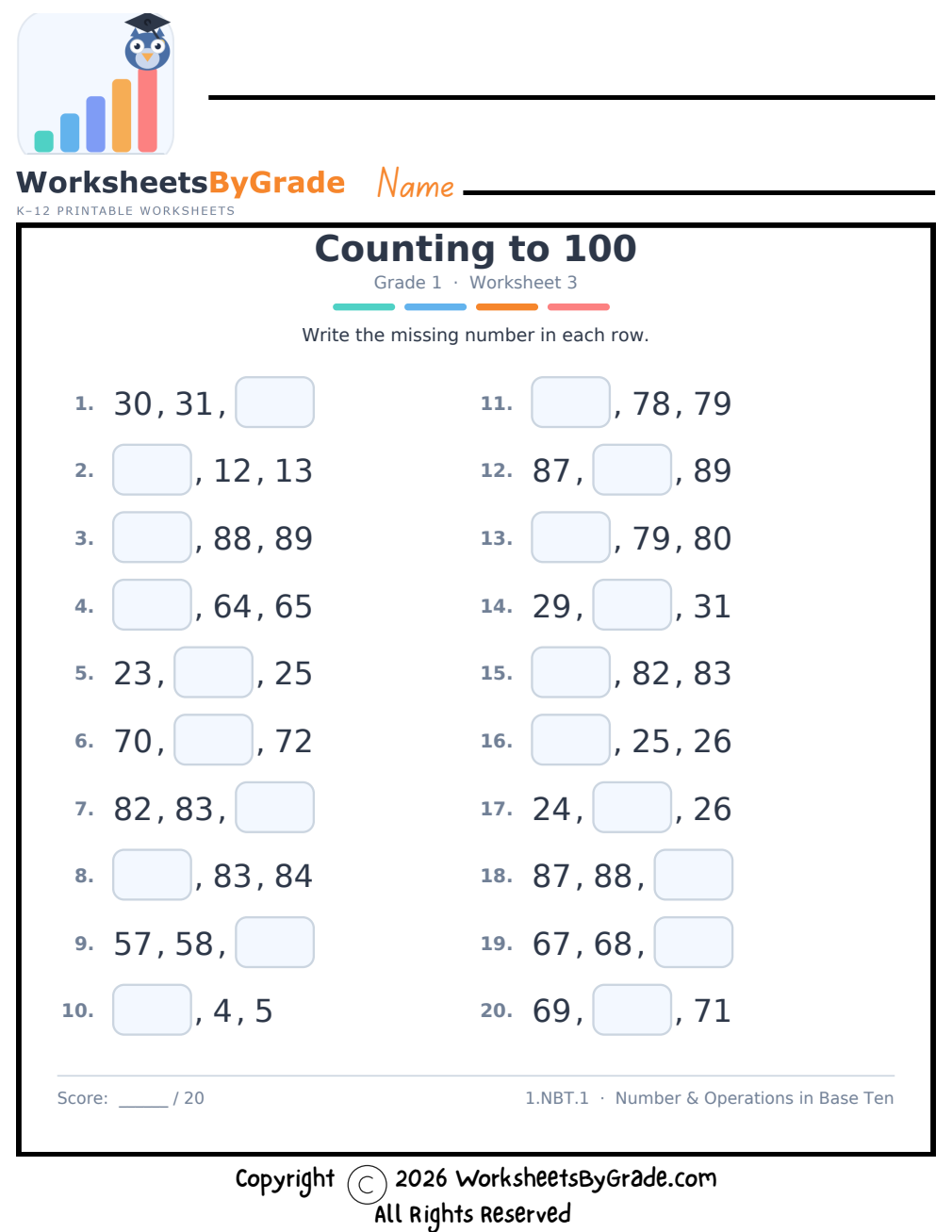 Counting to 100 — Grade 1 Worksheet 3 preview