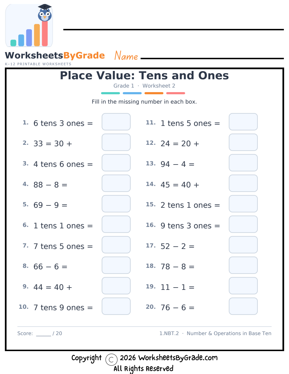 Place Value: Tens and Ones — Grade 1 Worksheet 2 preview