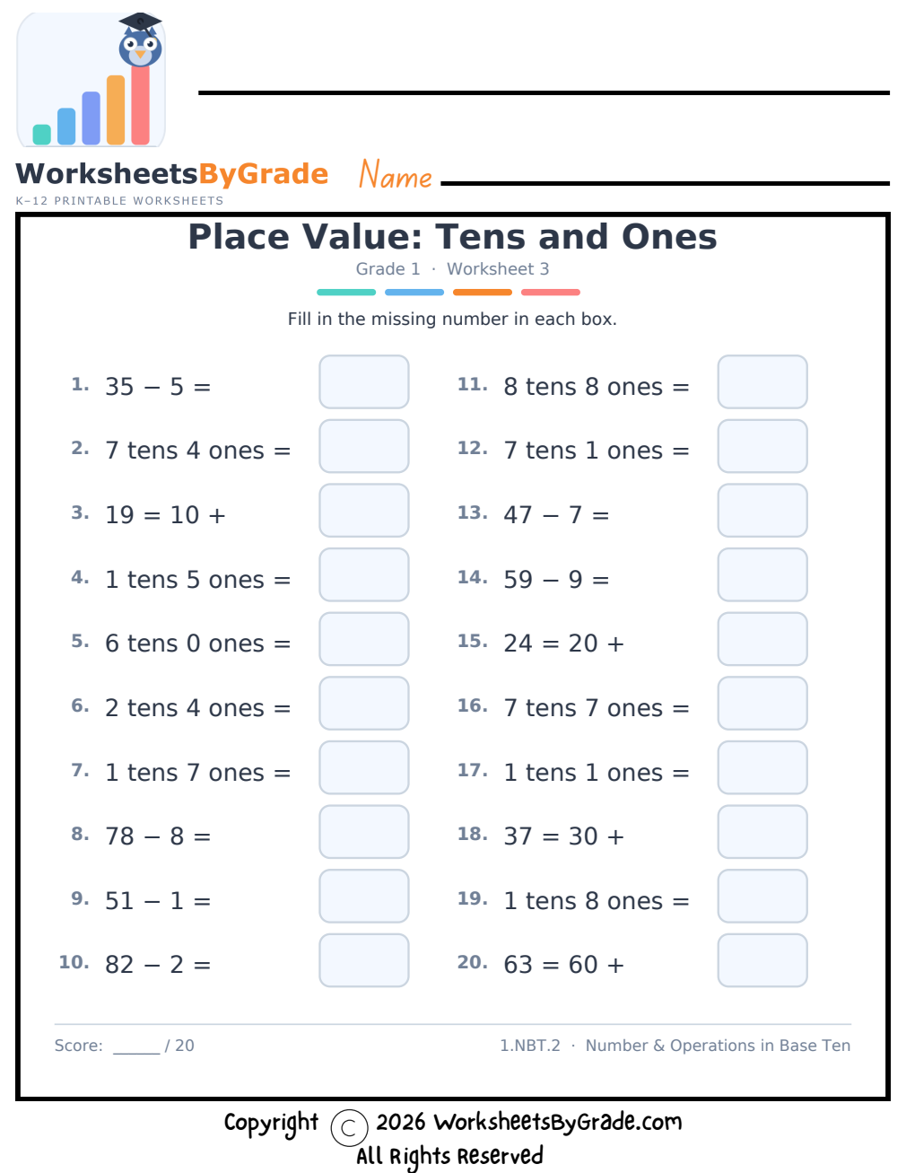 Place Value: Tens and Ones — Grade 1 Worksheet 3 preview