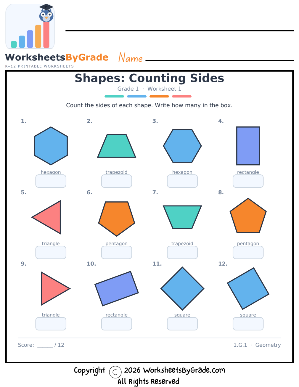 Shapes: Counting Sides — Grade 1 Worksheet 1 preview