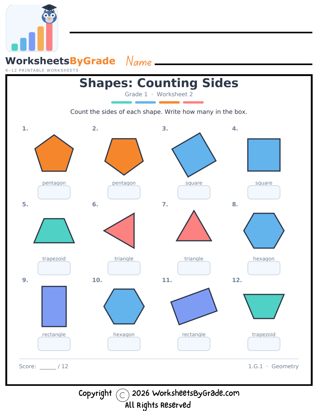 Shapes: Counting Sides — Grade 1 Worksheet 2 preview