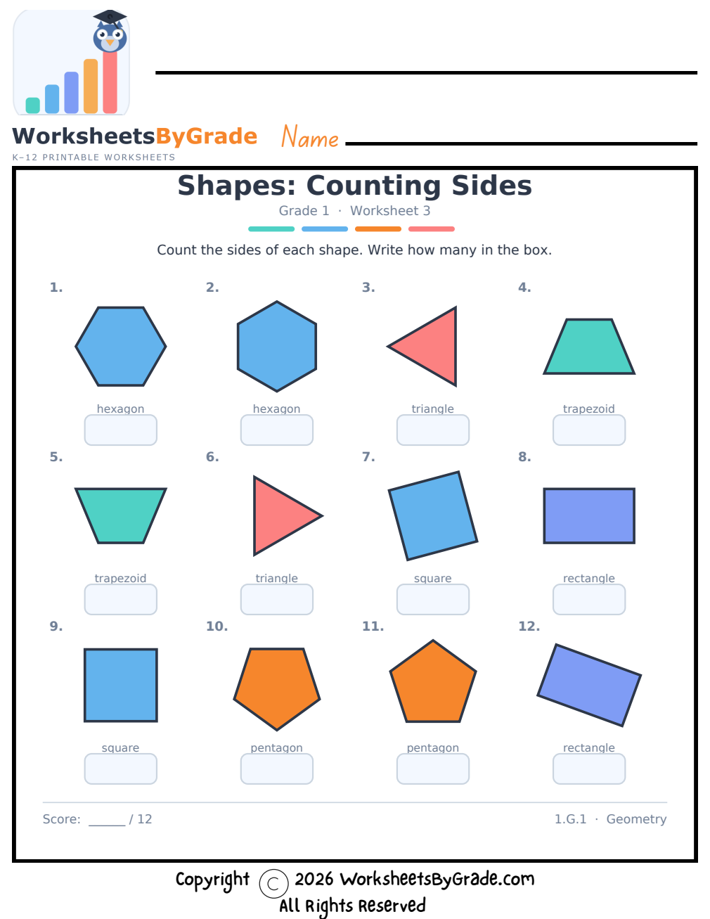 Shapes: Counting Sides — Grade 1 Worksheet 3 preview