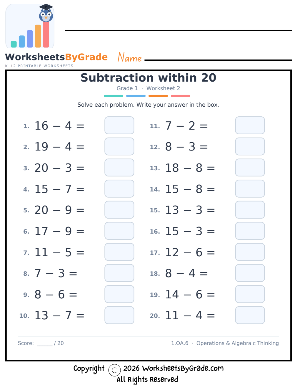 Subtraction within 20 — Grade 1 Worksheet 2 preview