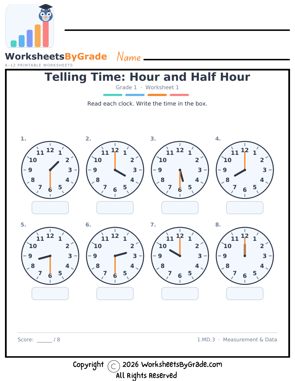 Telling Time: Hour and Half Hour — Grade 1 Worksheet 1 preview