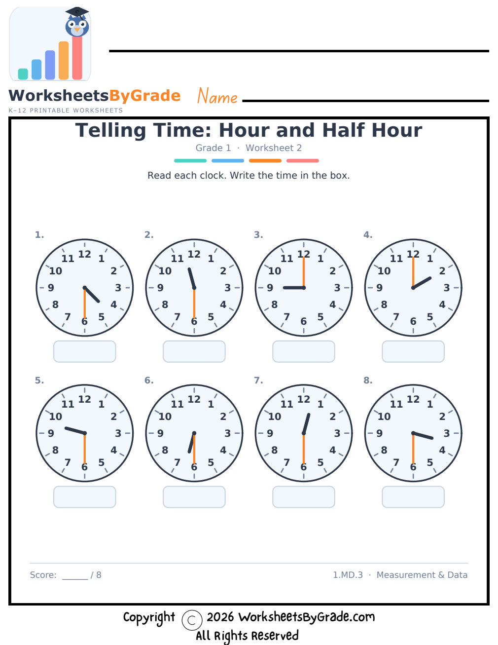 Telling Time: Hour and Half Hour — Grade 1 Worksheet 2 preview