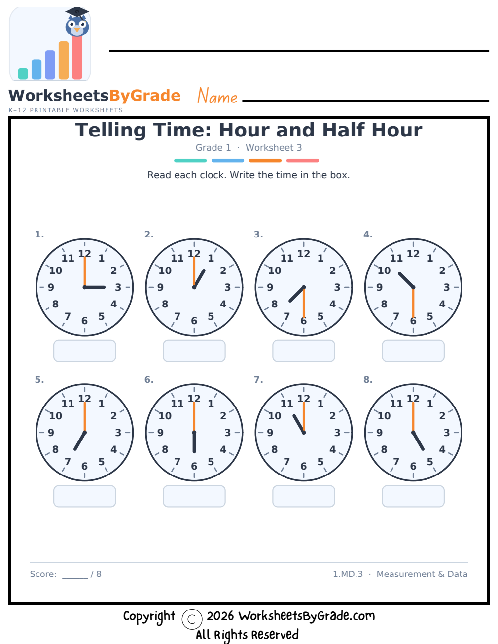 Telling Time: Hour and Half Hour — Grade 1 Worksheet 3 preview
