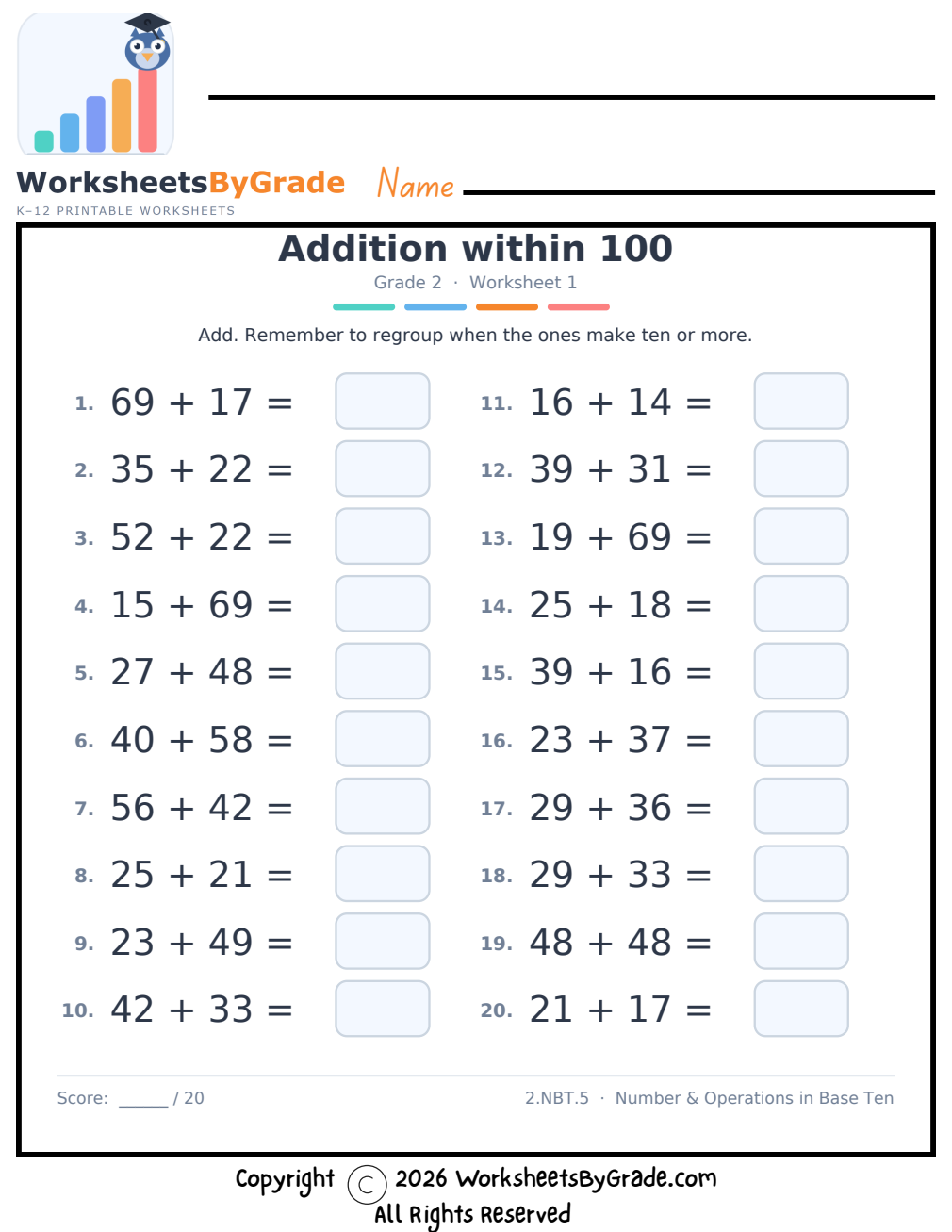 Addition within 100 — Grade 2 Worksheet 1 preview