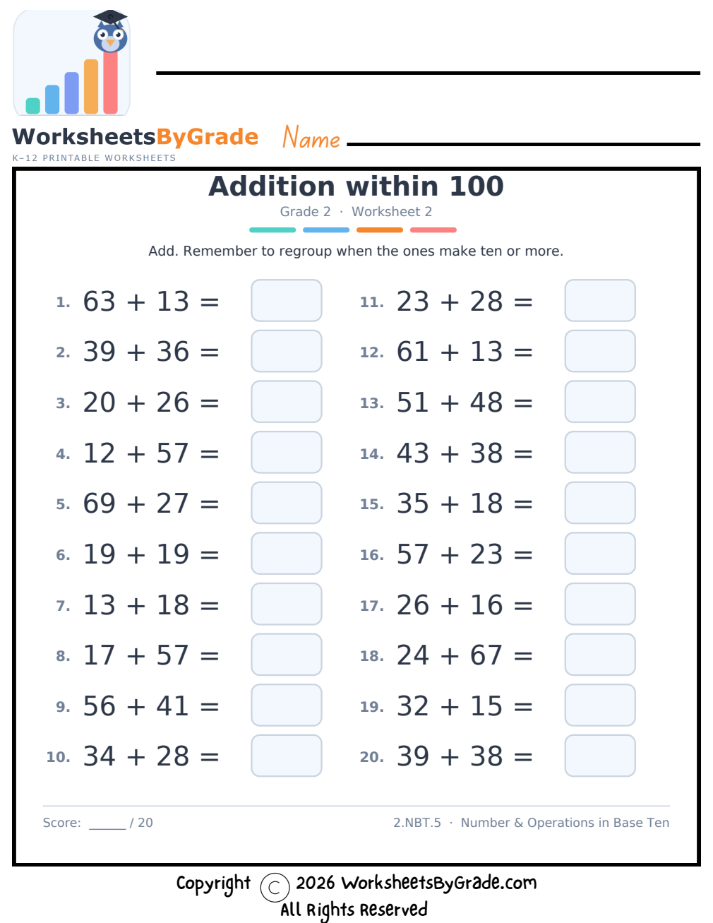 Addition within 100 — Grade 2 Worksheet 2 preview