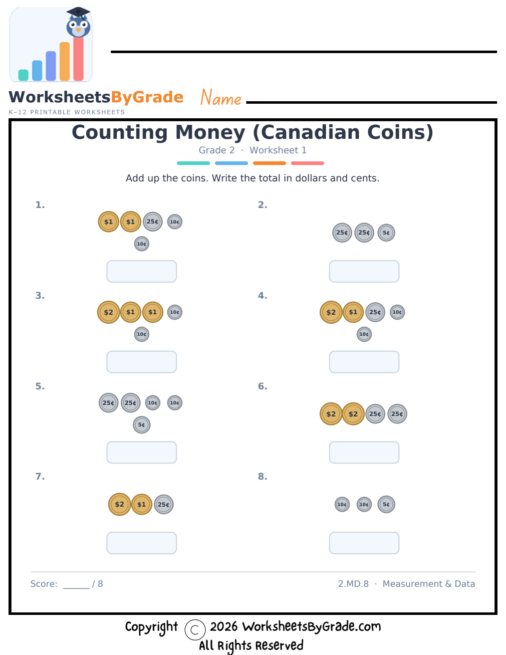 Counting Money (Canadian Coins) — Grade 2 Worksheet 1 preview