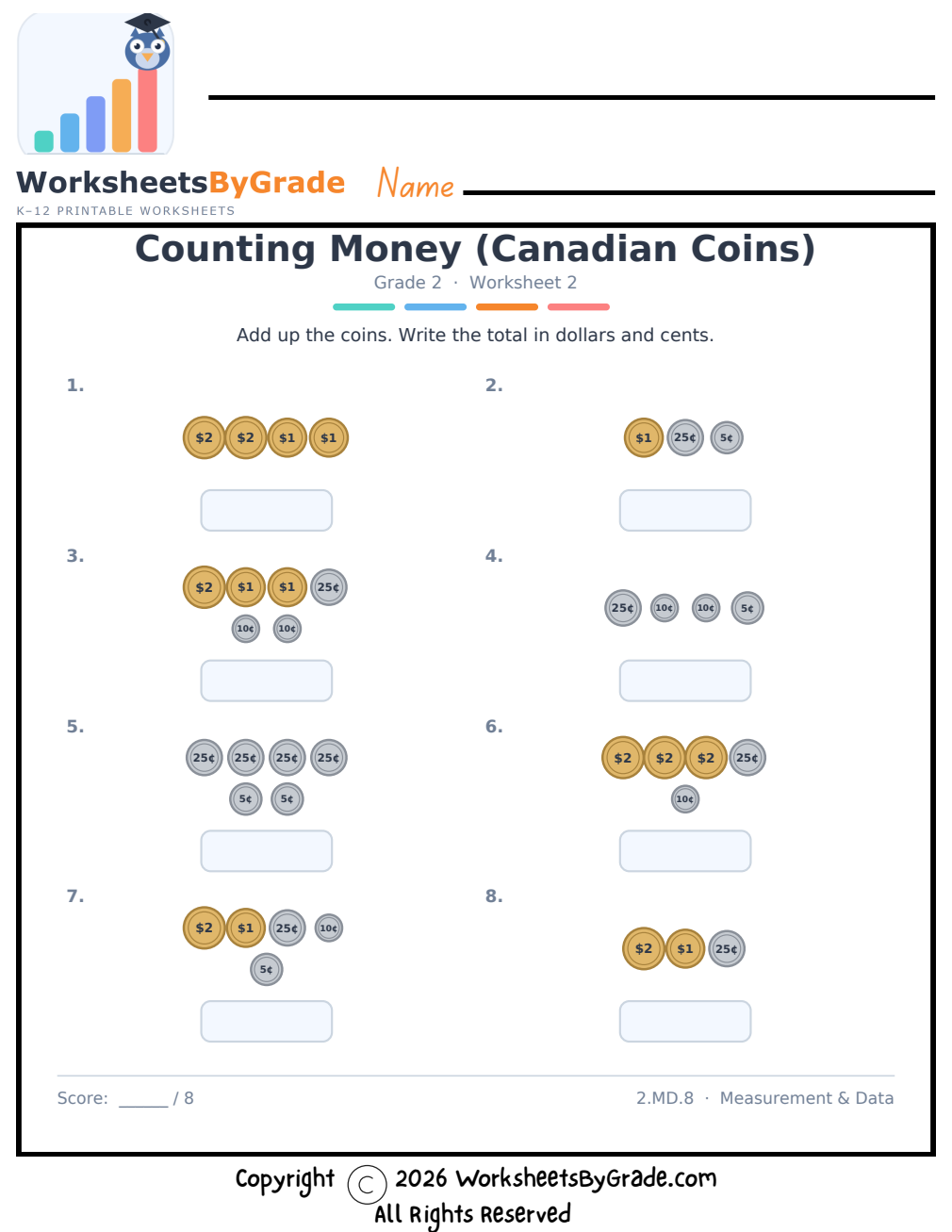 Counting Money (Canadian Coins) — Grade 2 Worksheet 2 preview