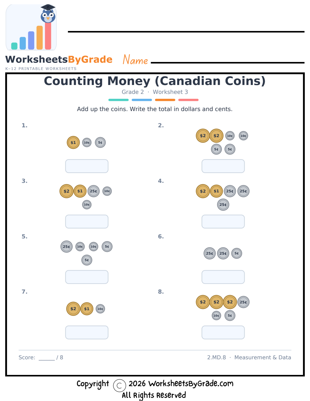Counting Money (Canadian Coins) — Grade 2 Worksheet 3 preview