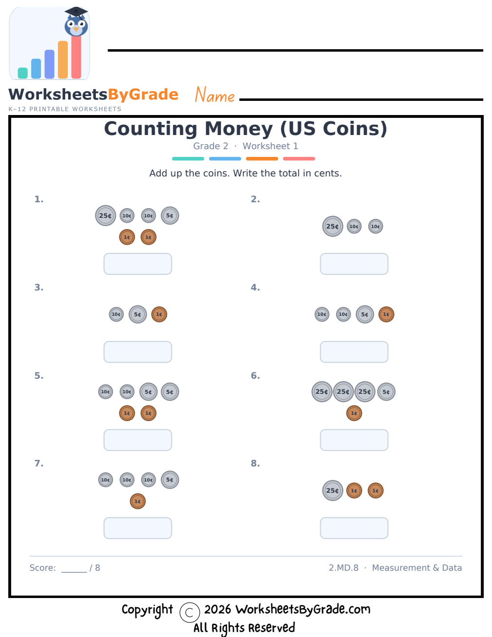 Counting Money (US Coins) — Grade 2 Worksheet 1 preview