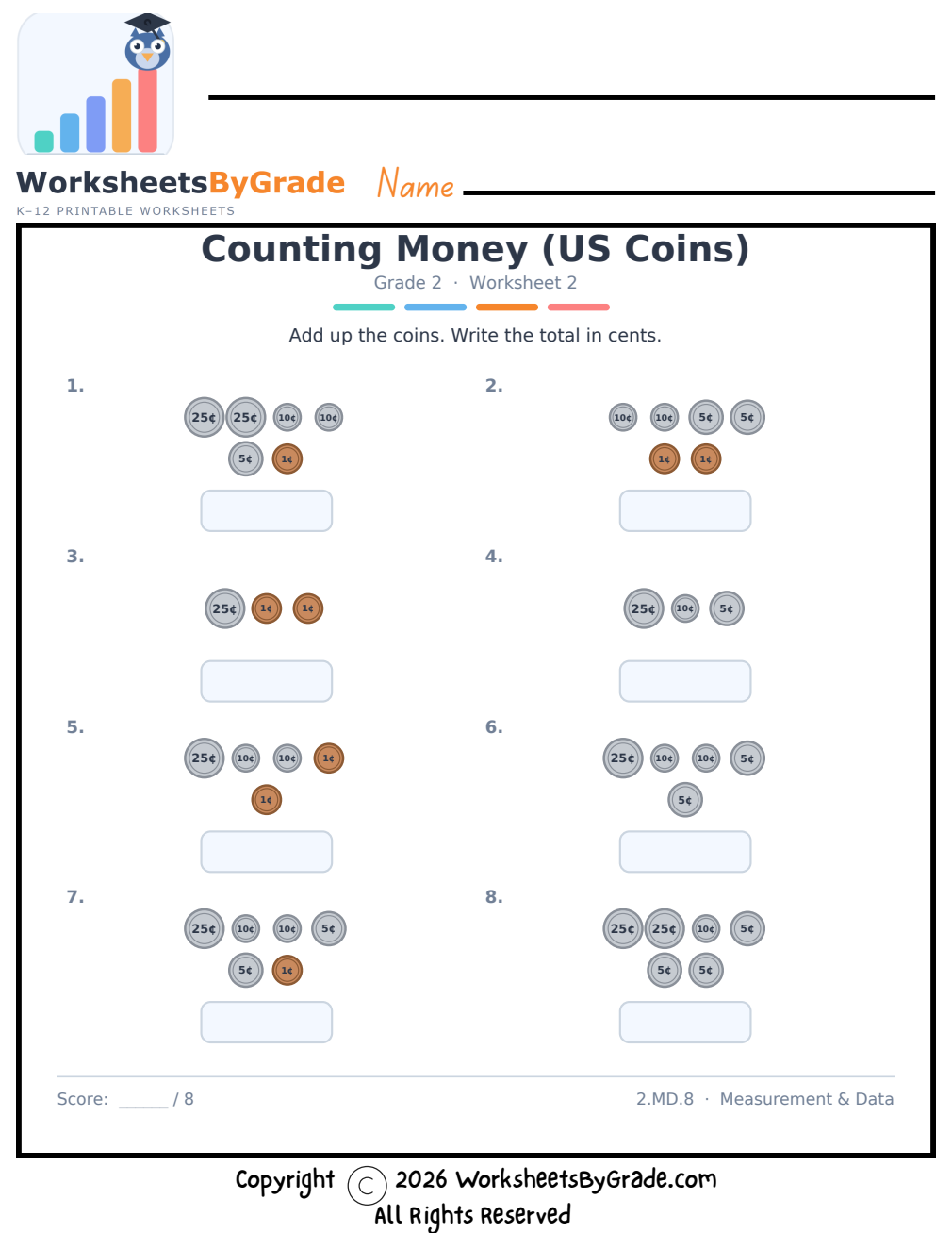 Counting Money (US Coins) — Grade 2 Worksheet 2 preview
