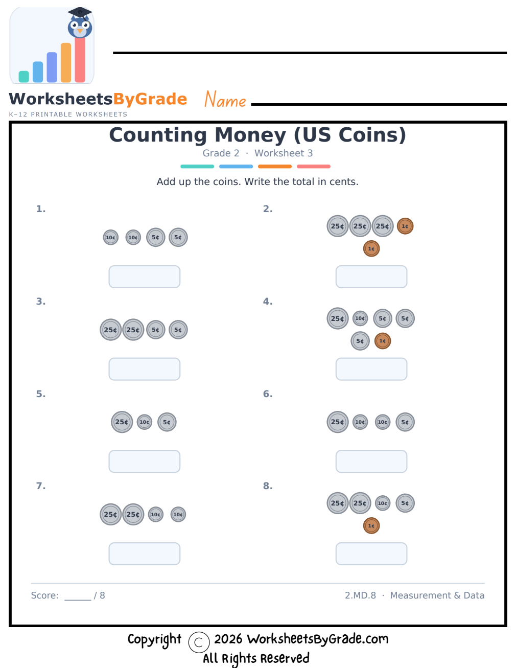 Counting Money (US Coins) — Grade 2 Worksheet 3 preview