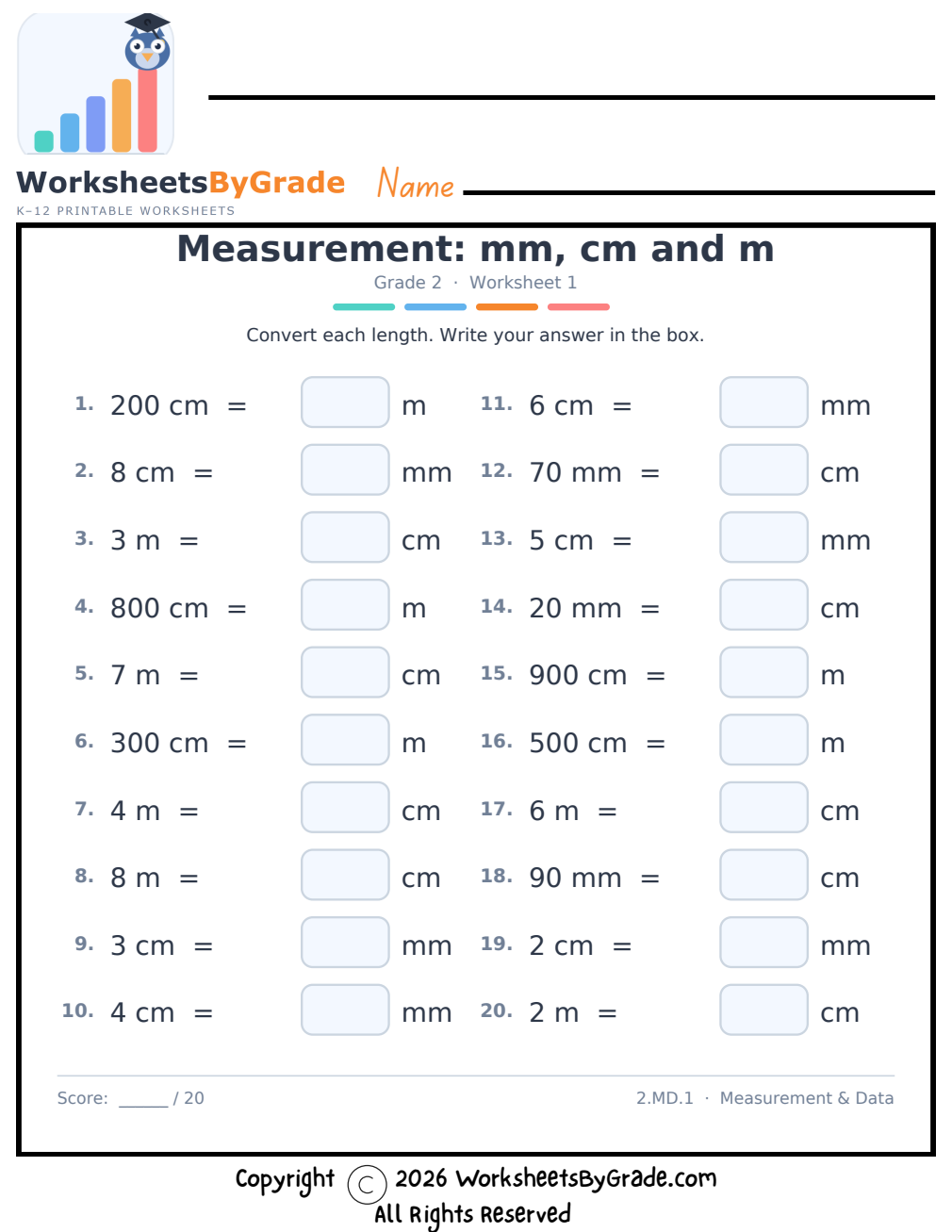 Measurement: mm, cm and m — Grade 2 Worksheet 1 preview