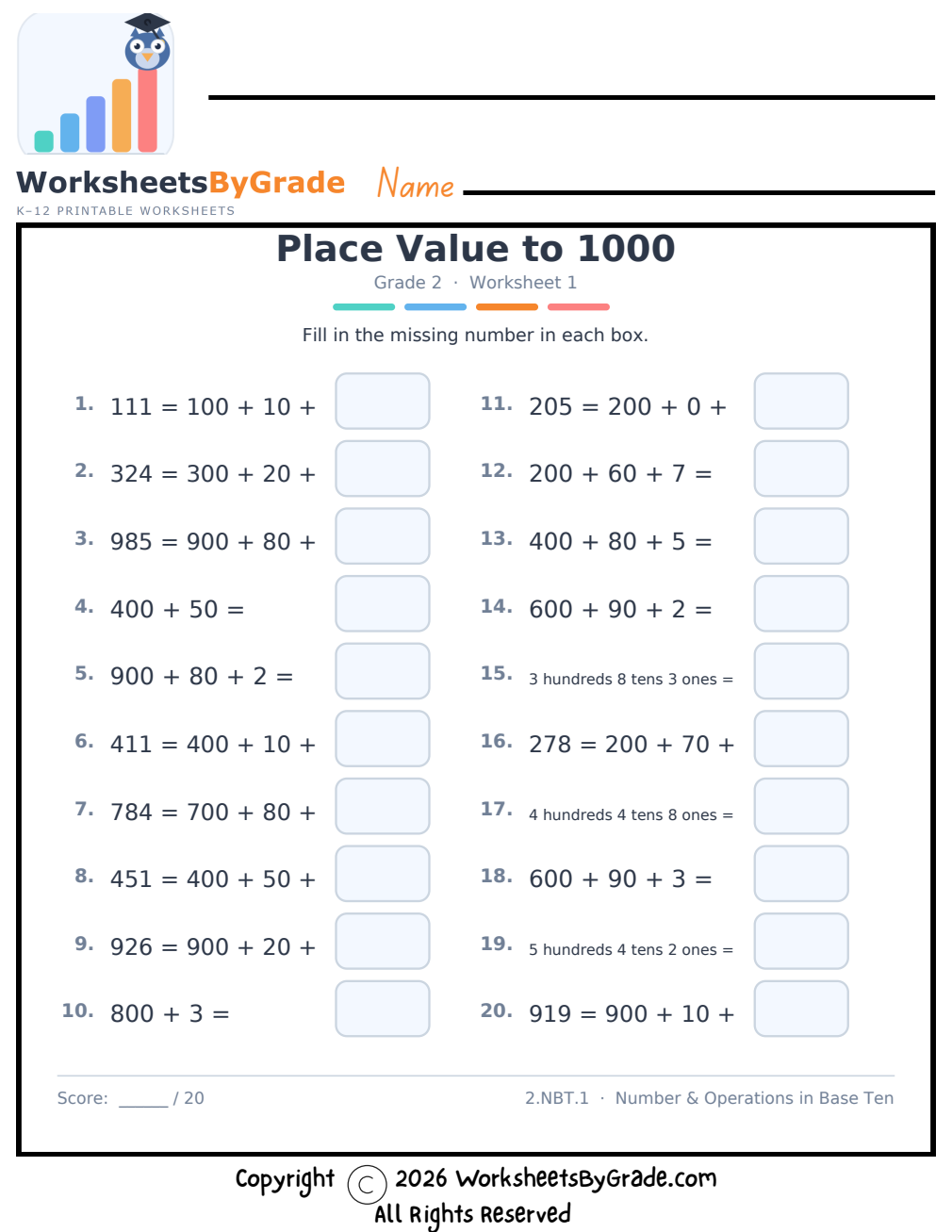 Place Value to 1000 — Grade 2 Worksheet 1 preview