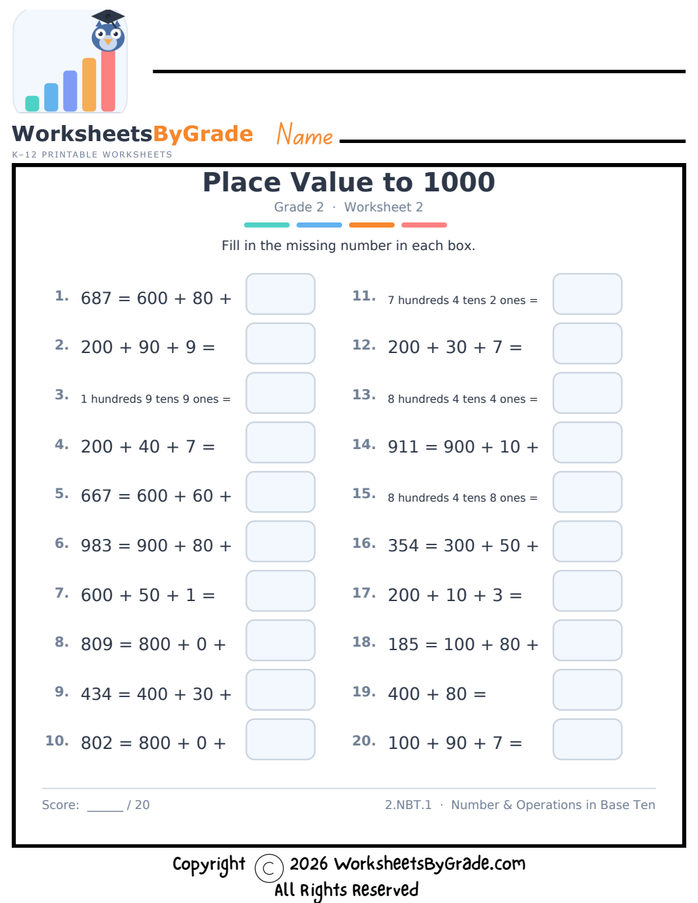Place Value to 1000 — Grade 2 Worksheet 2 preview