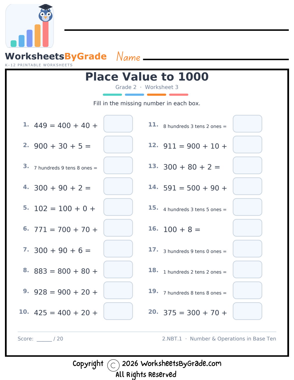 Place Value to 1000 — Grade 2 Worksheet 3 preview