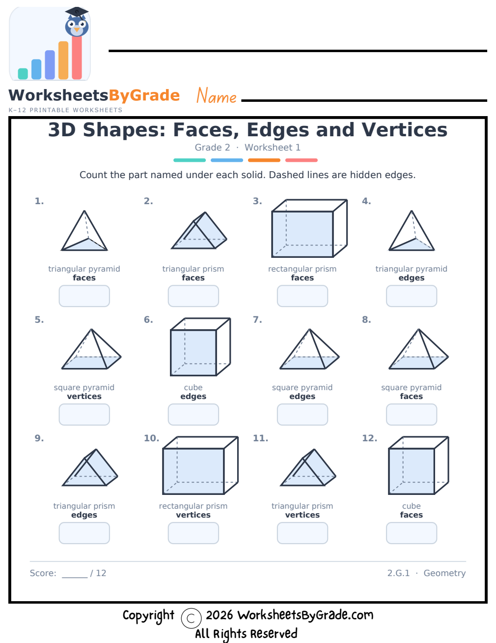 3D Shapes: Faces, Edges and Vertices — Grade 2 Worksheet 1 preview