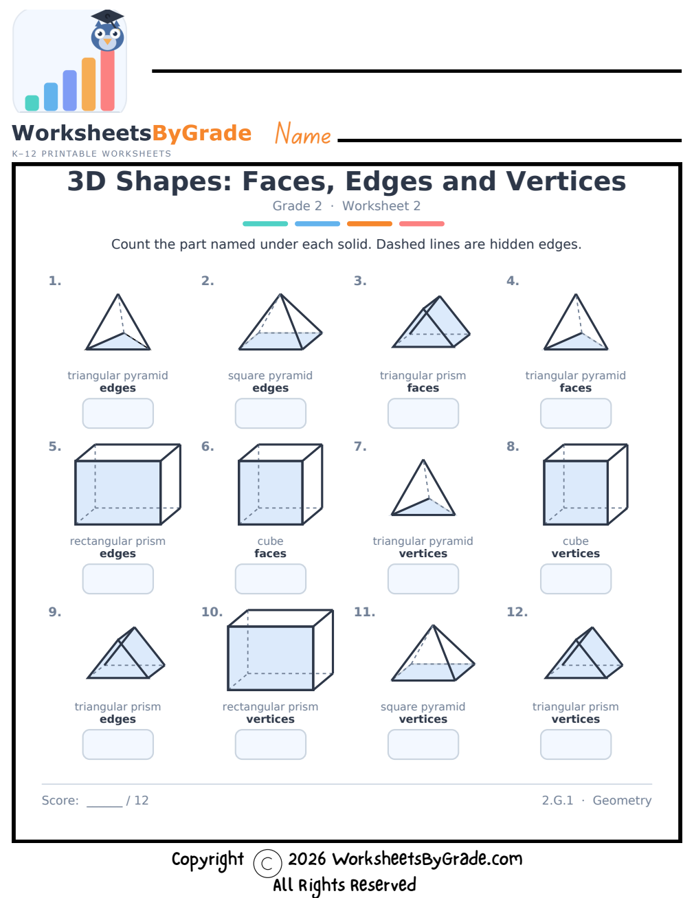 3D Shapes: Faces, Edges and Vertices — Grade 2 Worksheet 2 preview