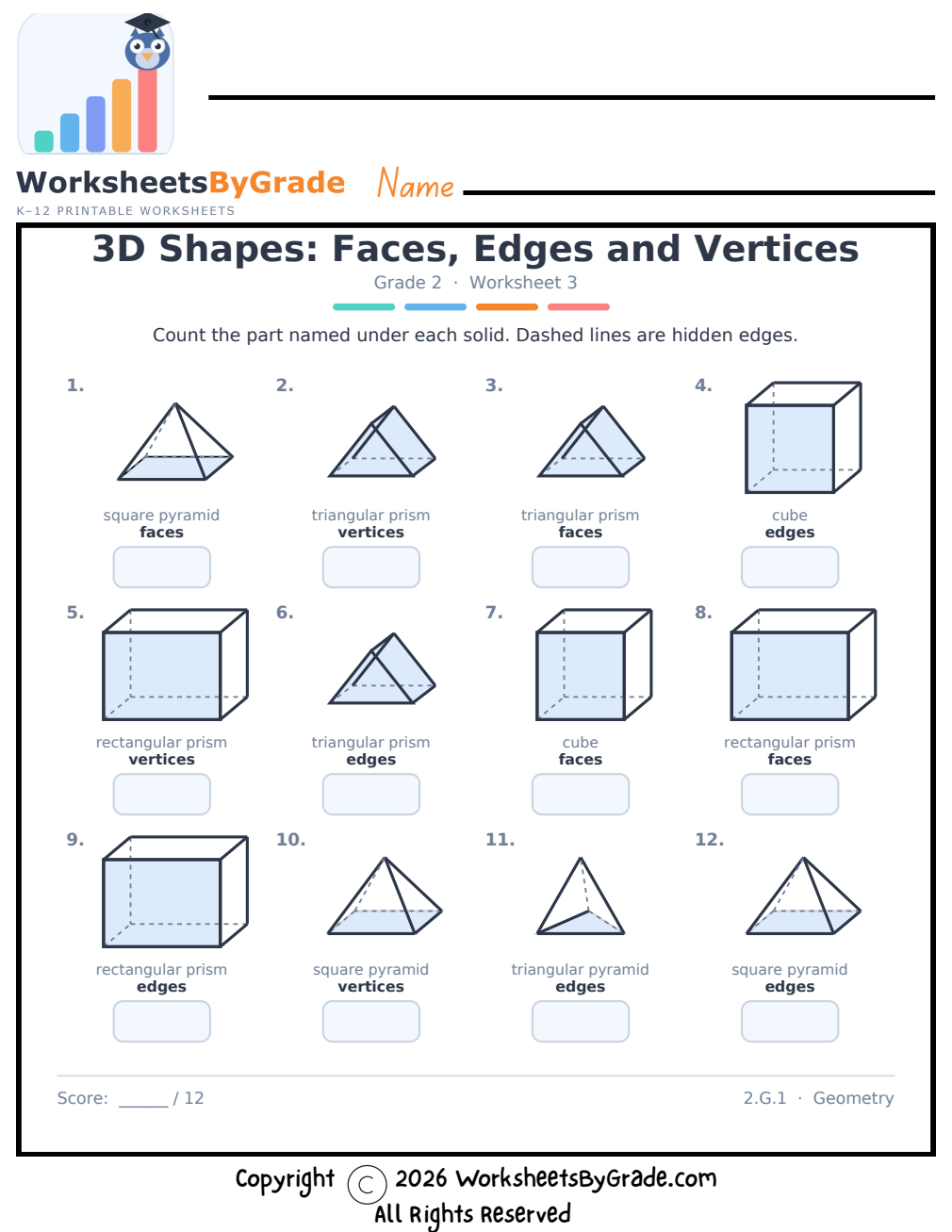 3D Shapes: Faces, Edges and Vertices — Grade 2 Worksheet 3 preview