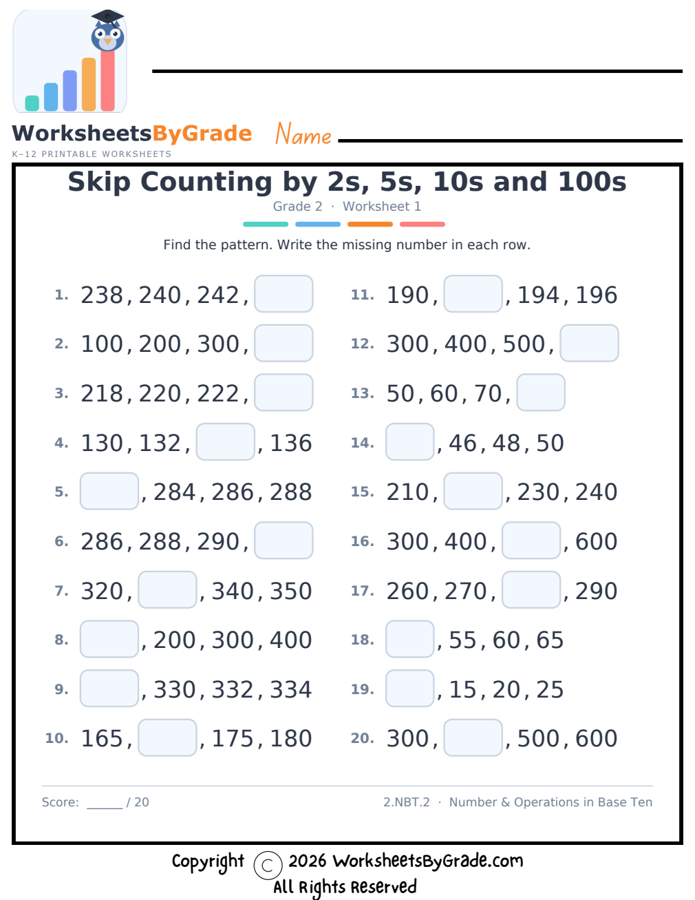 Skip Counting by 2s, 5s, 10s and 100s — Grade 2 Worksheet 1 preview