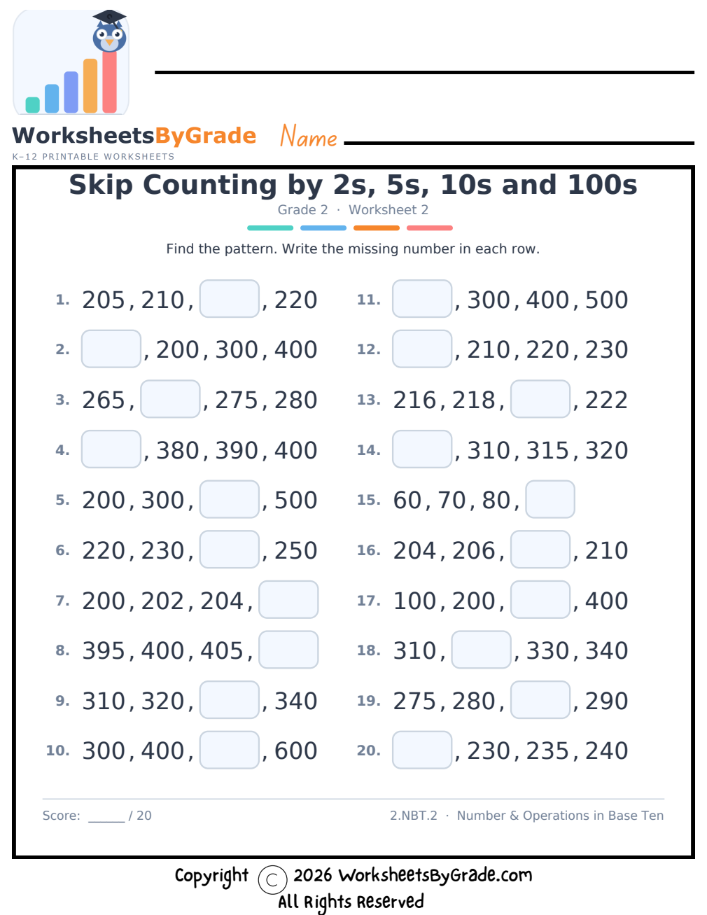Skip Counting by 2s, 5s, 10s and 100s — Grade 2 Worksheet 2 preview