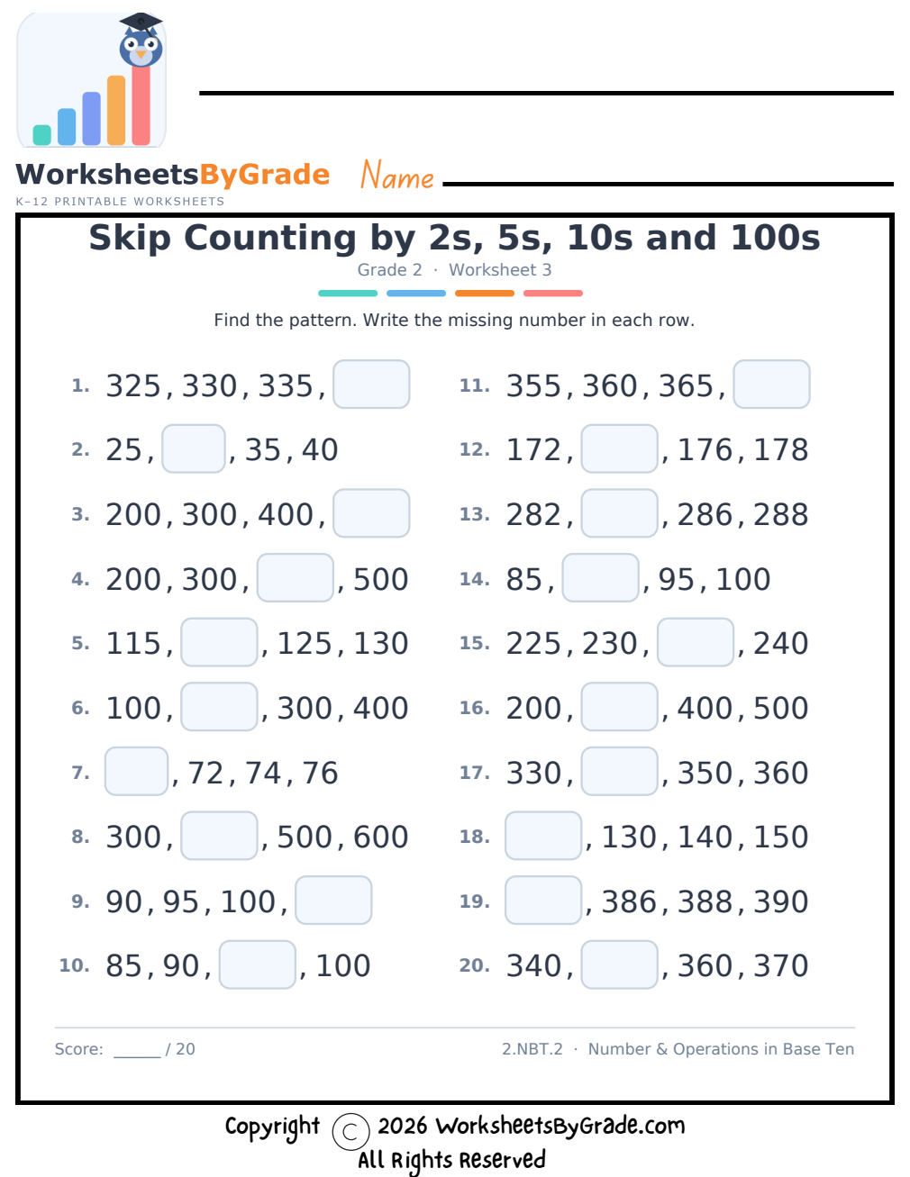 Skip Counting by 2s, 5s, 10s and 100s — Grade 2 Worksheet 3 preview