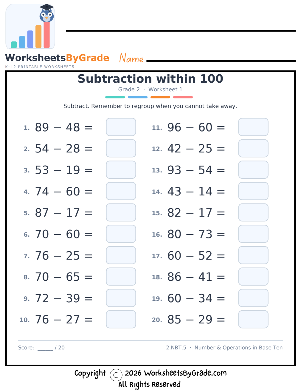 Subtraction within 100 — Grade 2 Worksheet 1 preview