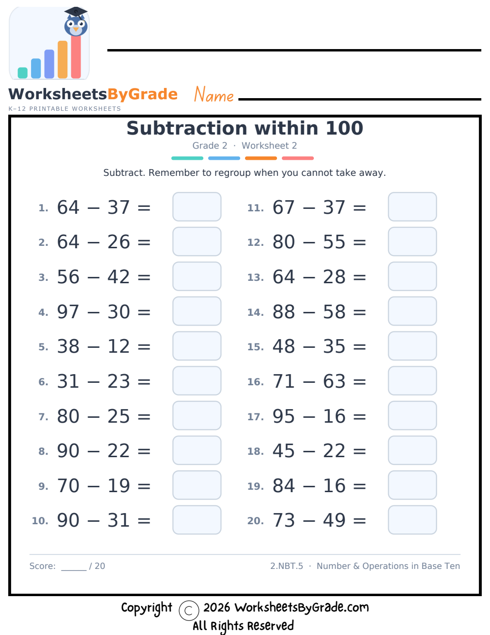 Subtraction within 100 — Grade 2 Worksheet 2 preview