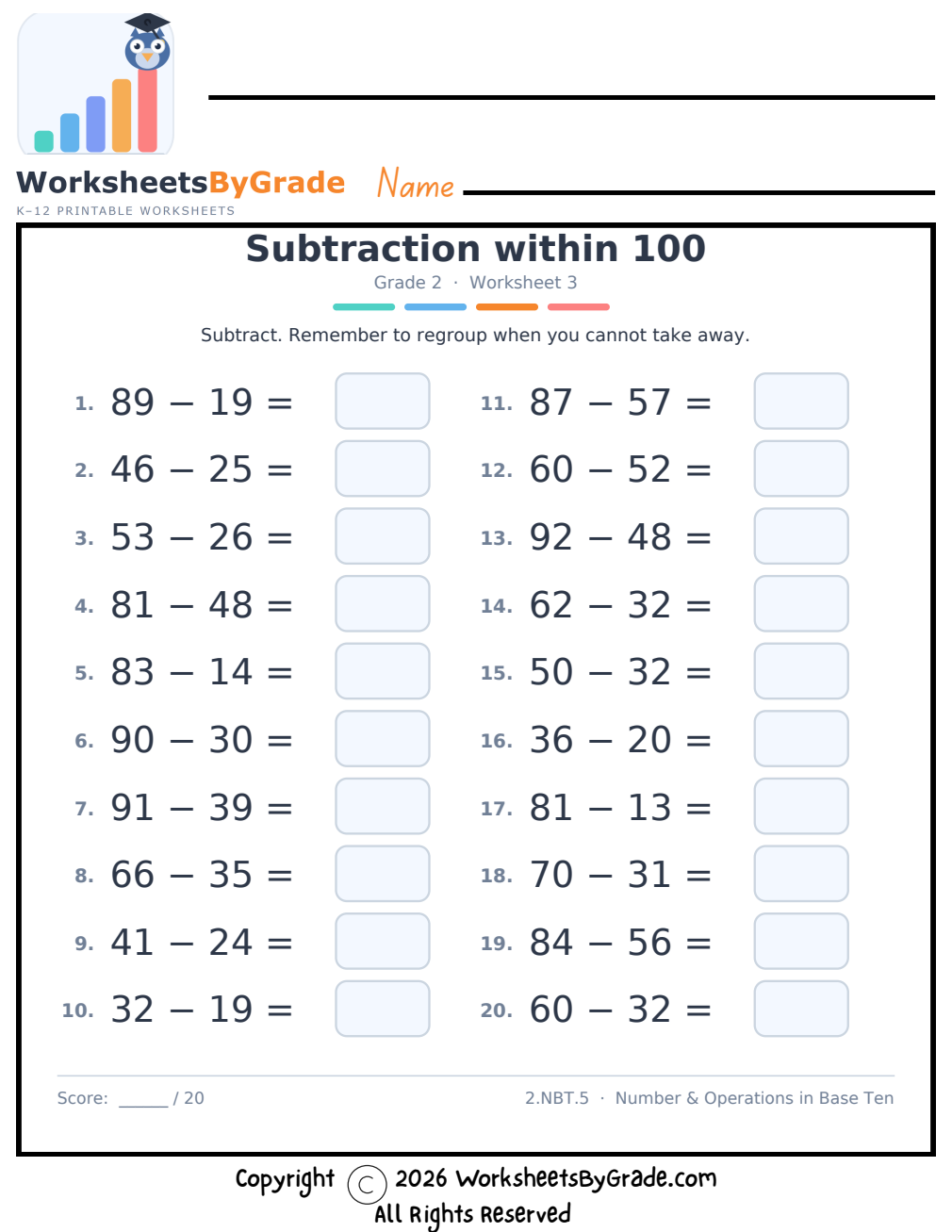 Subtraction within 100 — Grade 2 Worksheet 3 preview