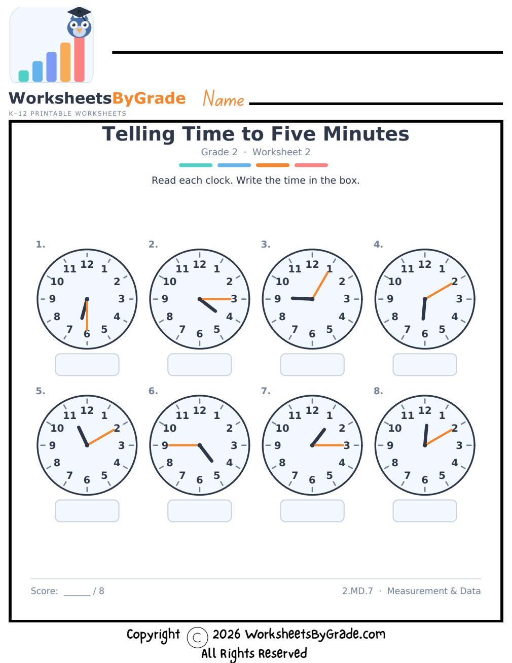 Telling Time to Five Minutes — Grade 2 Worksheet 2 preview