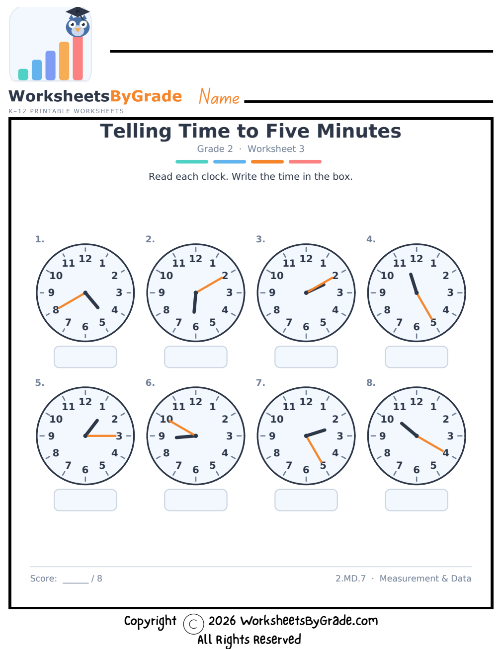 Telling Time to Five Minutes — Grade 2 Worksheet 3 preview