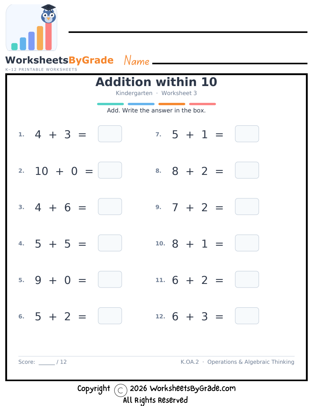 Addition within 10 — Kindergarten Worksheet 3 preview