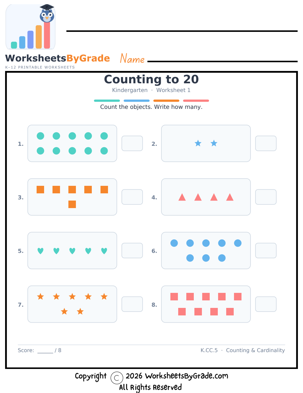 Counting to 20 — Kindergarten Worksheet 1 preview