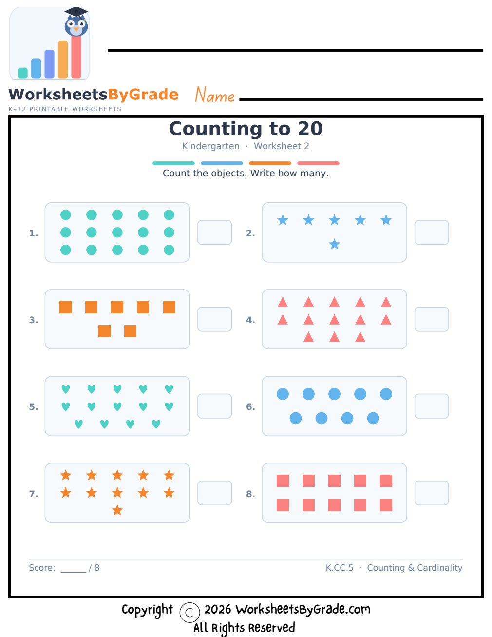 Counting to 20 — Kindergarten Worksheet 2 preview