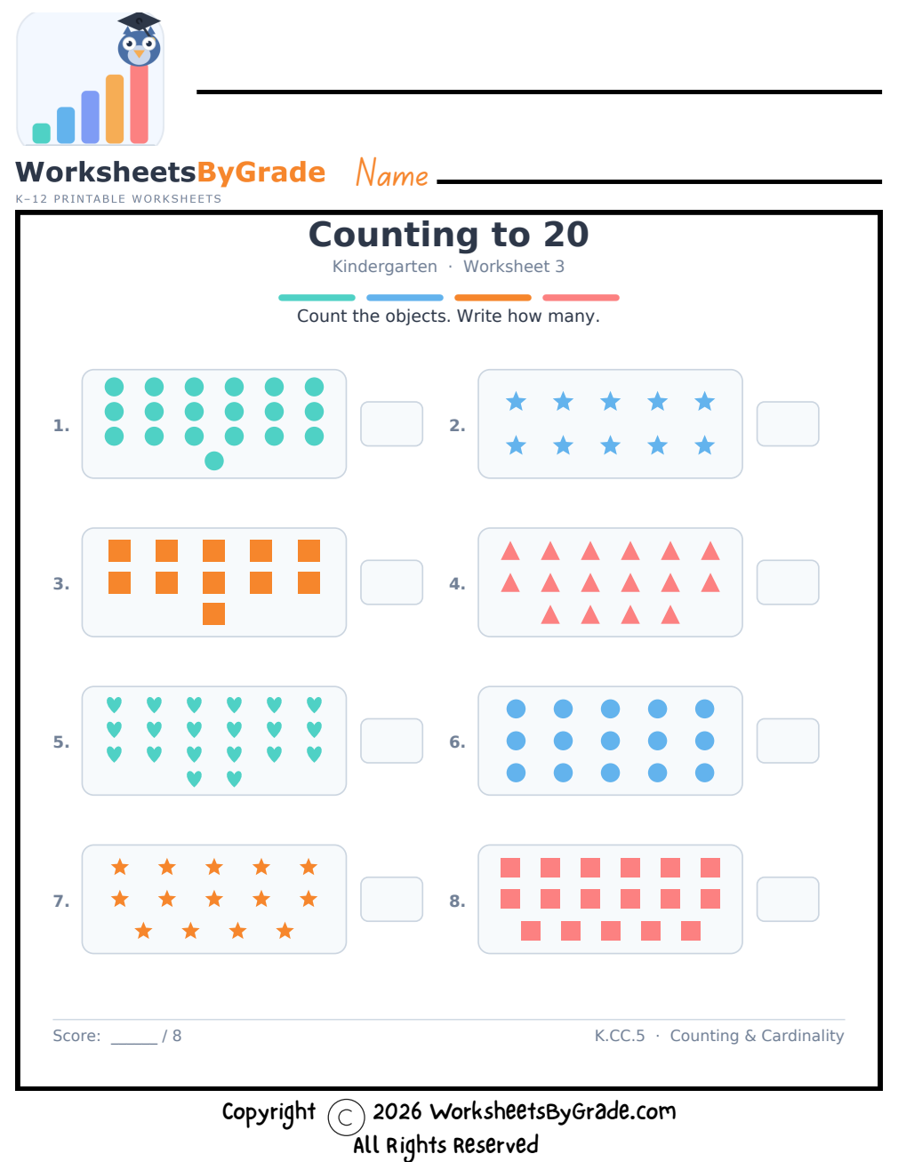 Counting to 20 — Kindergarten Worksheet 3 preview