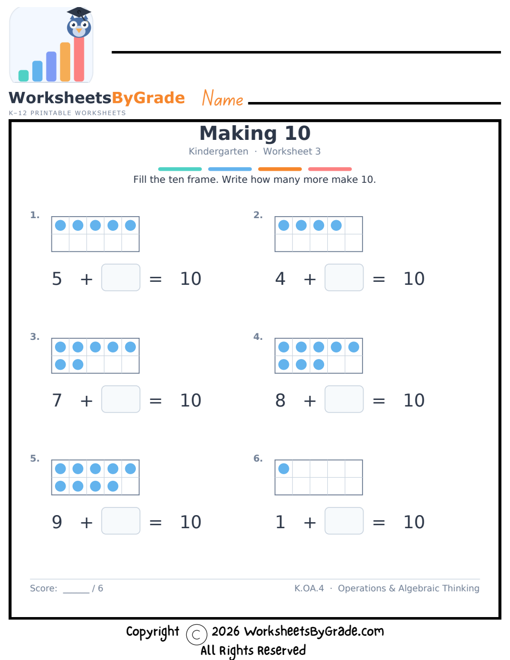 Making 10 — Kindergarten Worksheet 3 preview