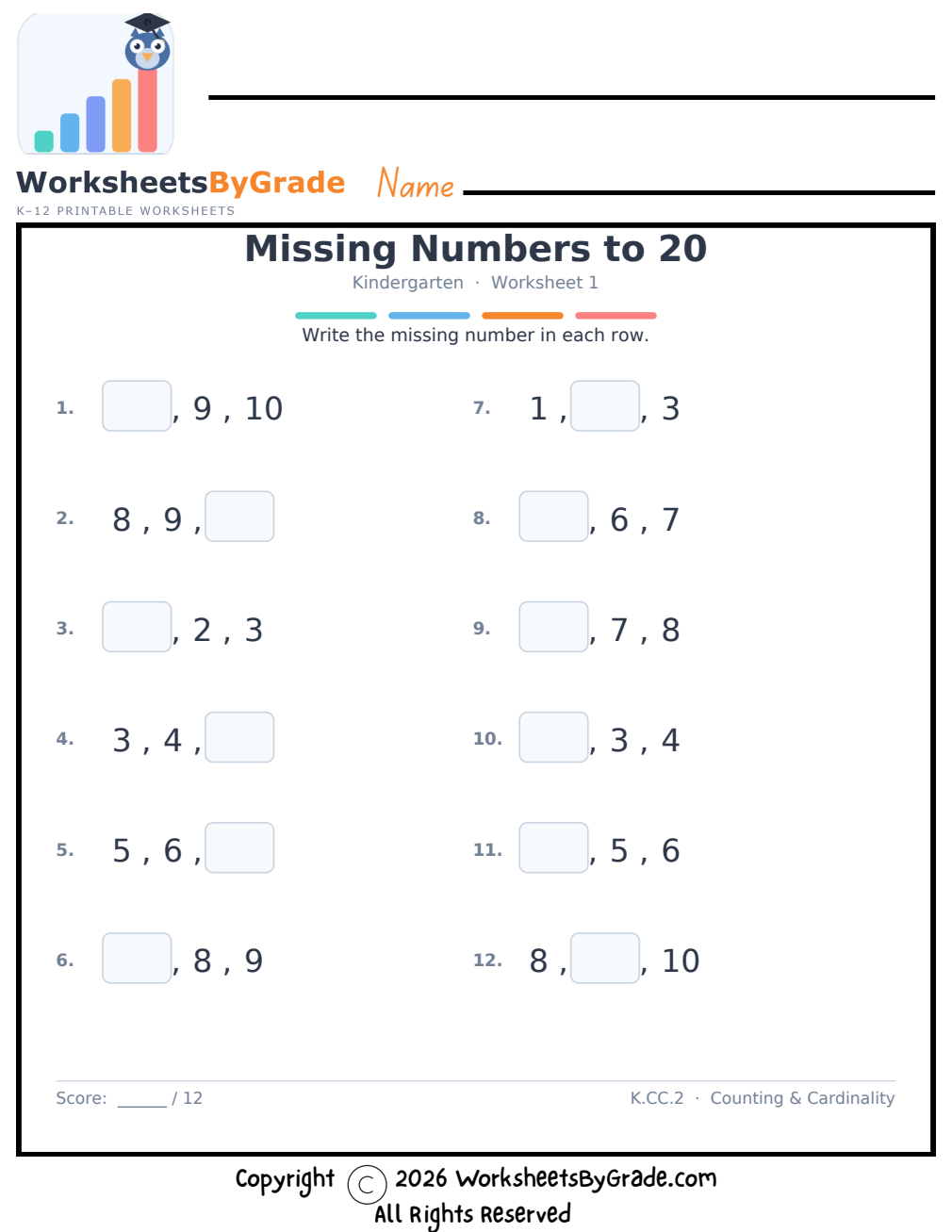 Missing Numbers to 20 — Kindergarten Worksheet 1 preview