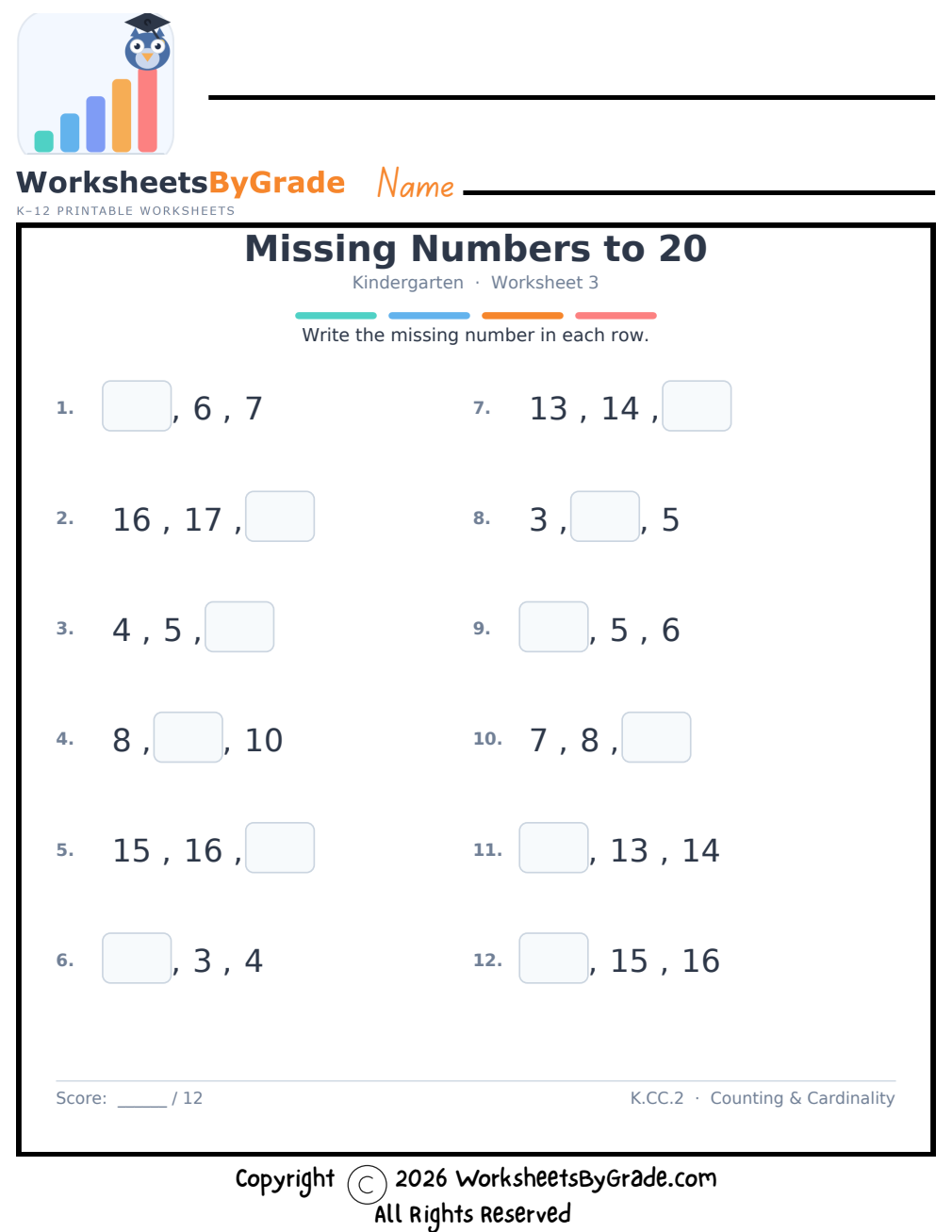 Missing Numbers to 20 — Kindergarten Worksheet 3 preview