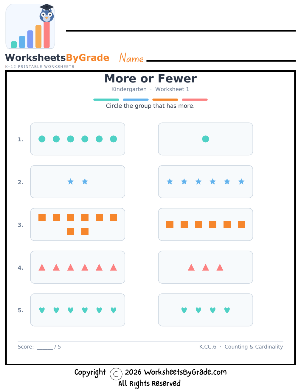 More or Fewer — Kindergarten Worksheet 1 preview