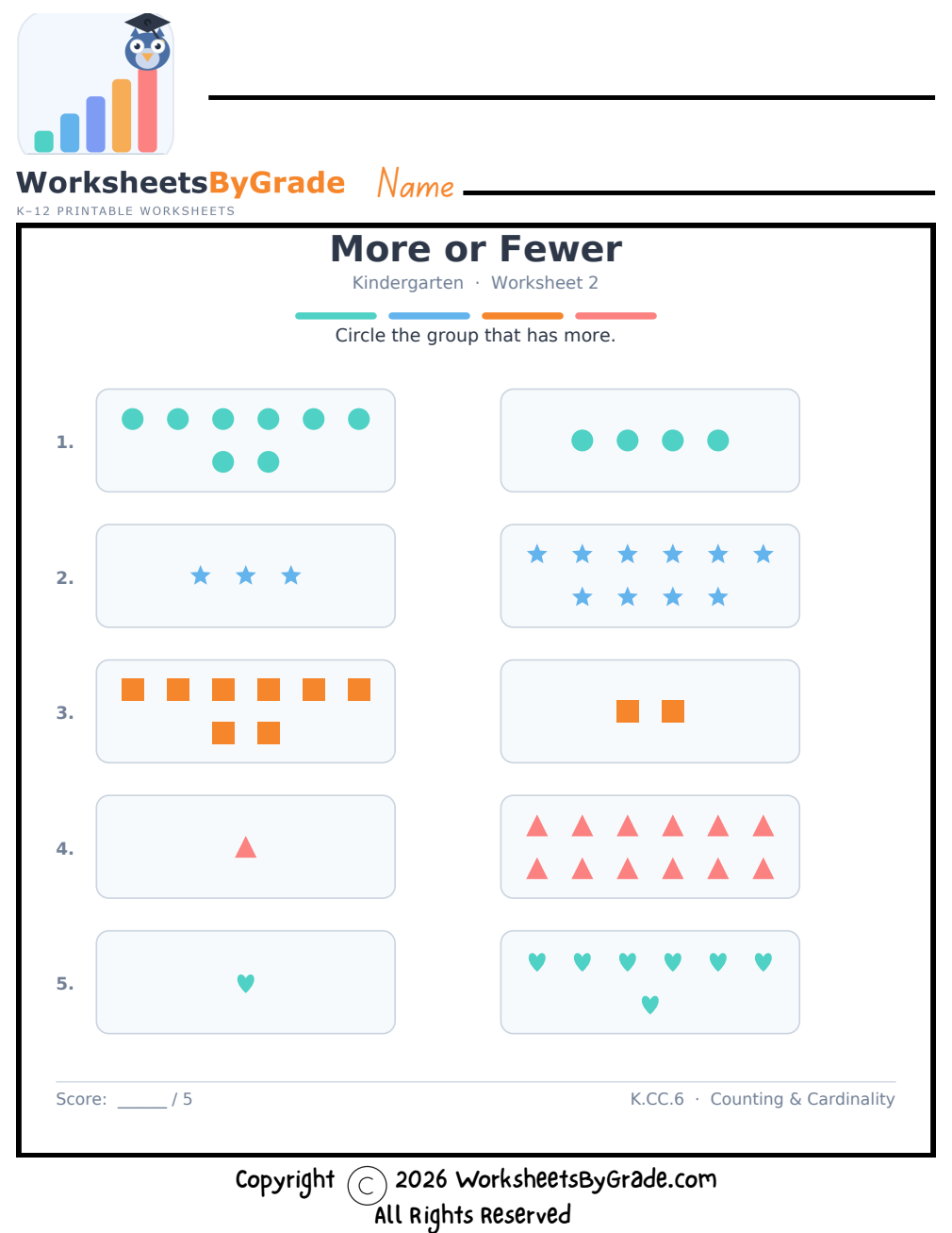 More or Fewer — Kindergarten Worksheet 2 preview