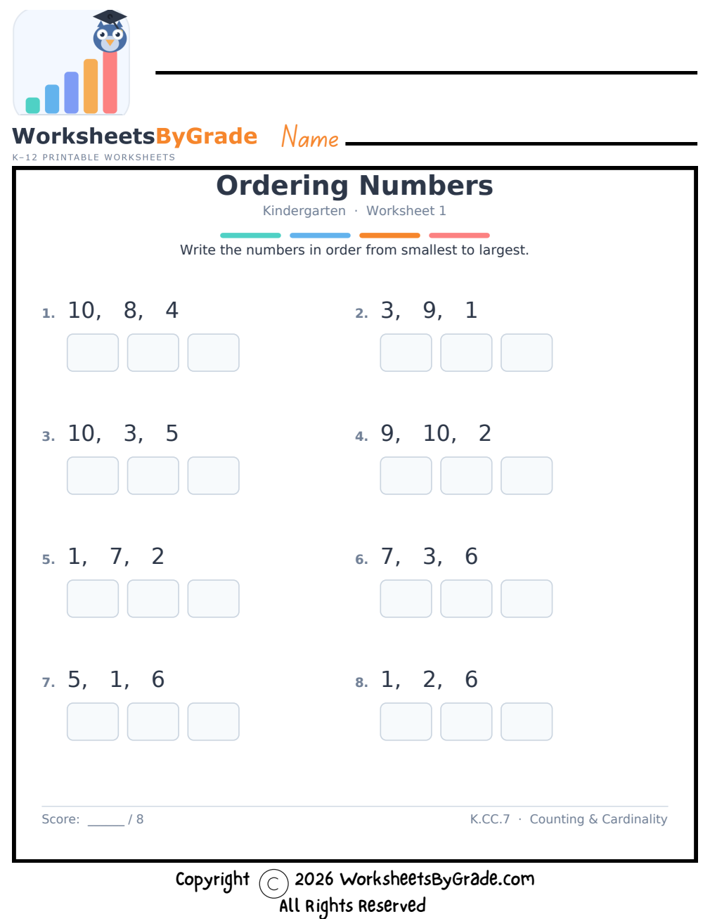 Ordering Numbers — Kindergarten Worksheet 1 preview