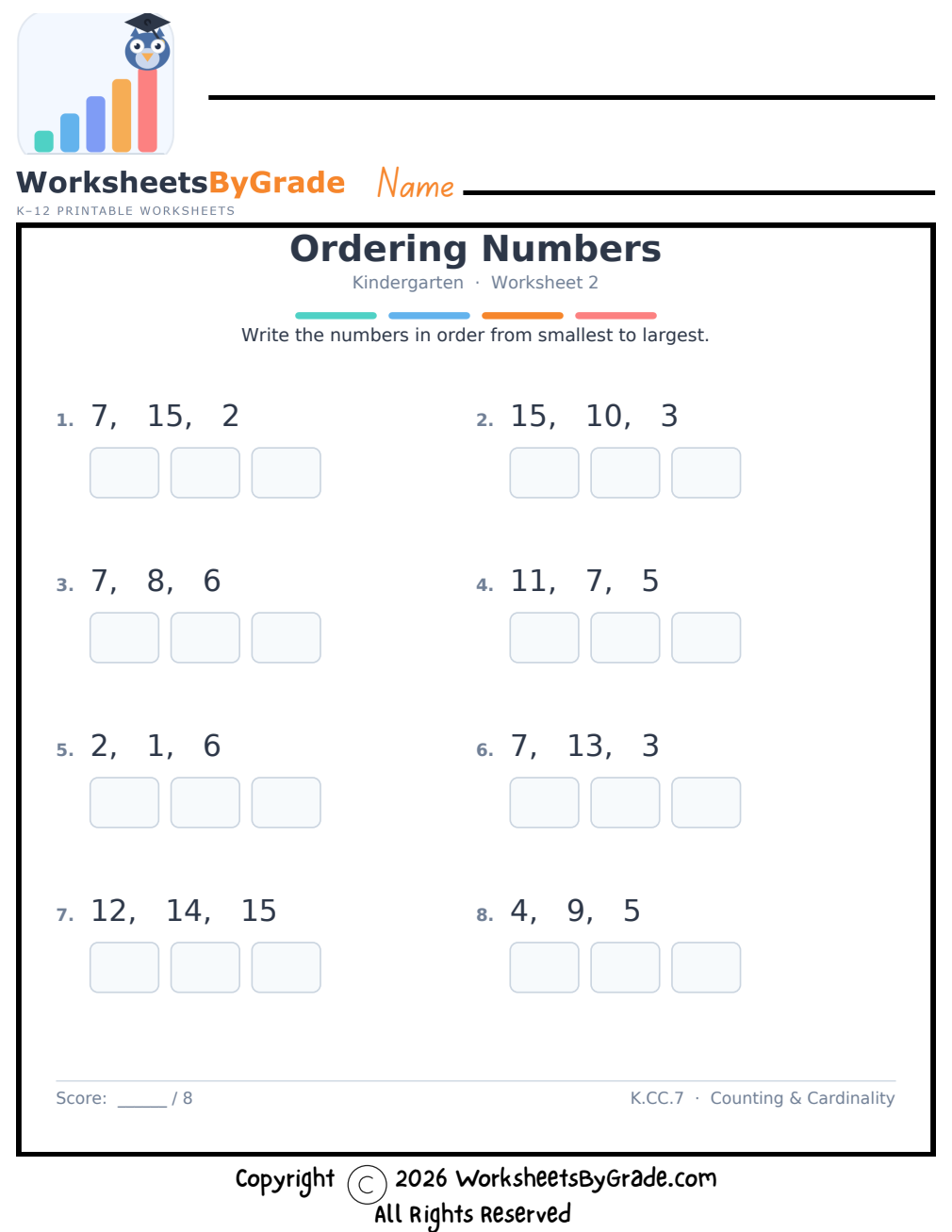Ordering Numbers — Kindergarten Worksheet 2 preview
