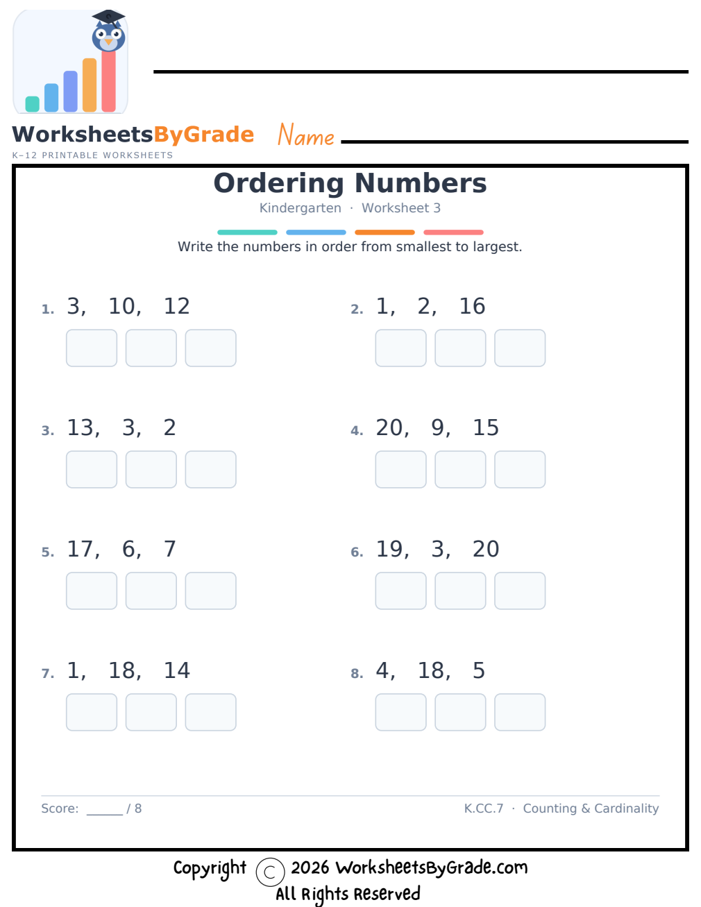 Ordering Numbers — Kindergarten Worksheet 3 preview