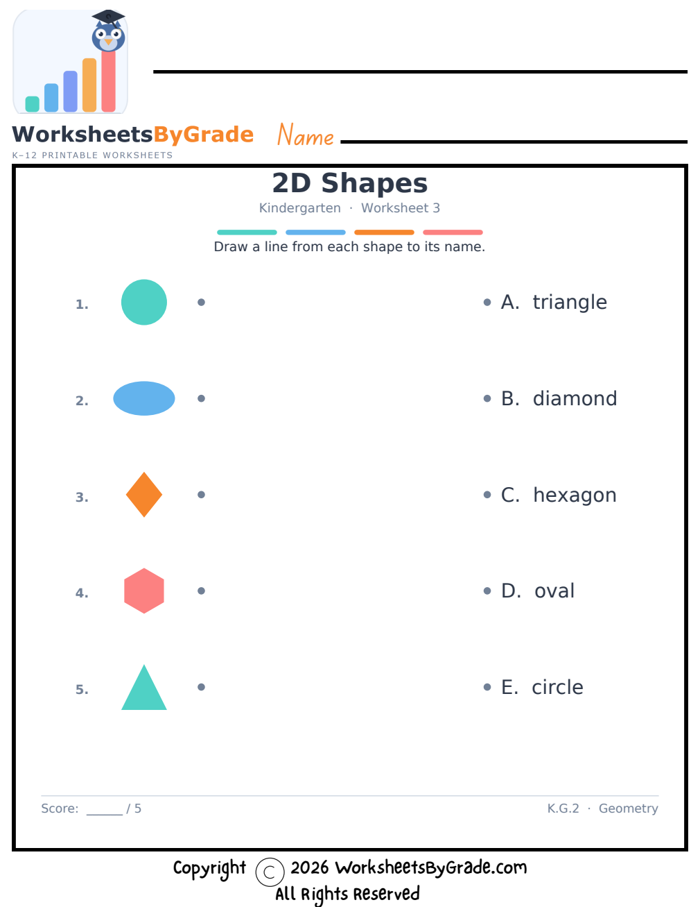 2D Shapes — Kindergarten Worksheet 3 preview